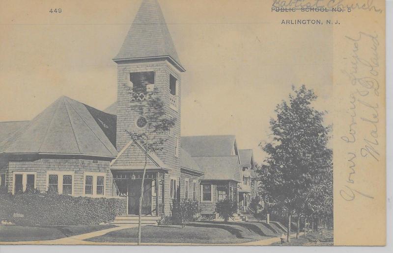 Arlington New Jersey bird's eye view Baptist Church entrance antique pc (Z8483)