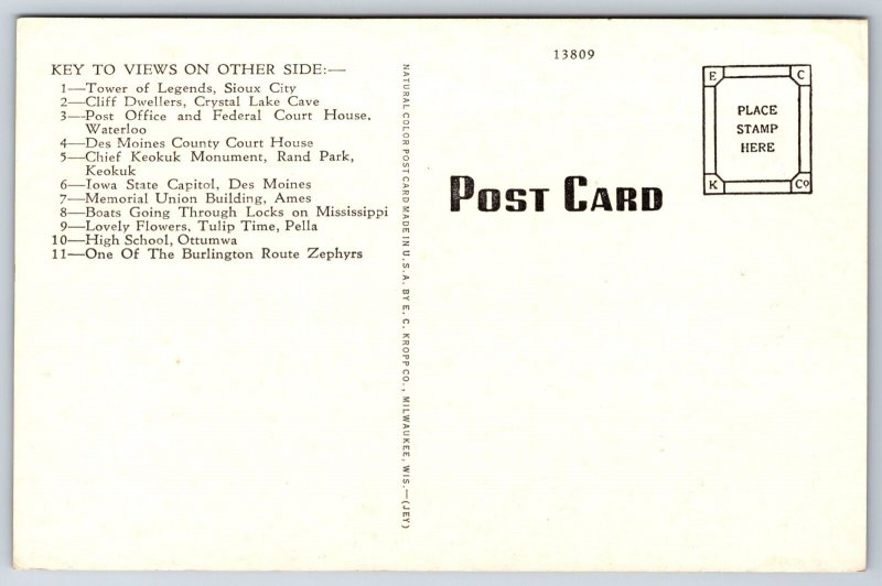 State Map~Iowa Multi-View~Nashua~Des Moines~Clinton~Red Oak~Vintage Postcard