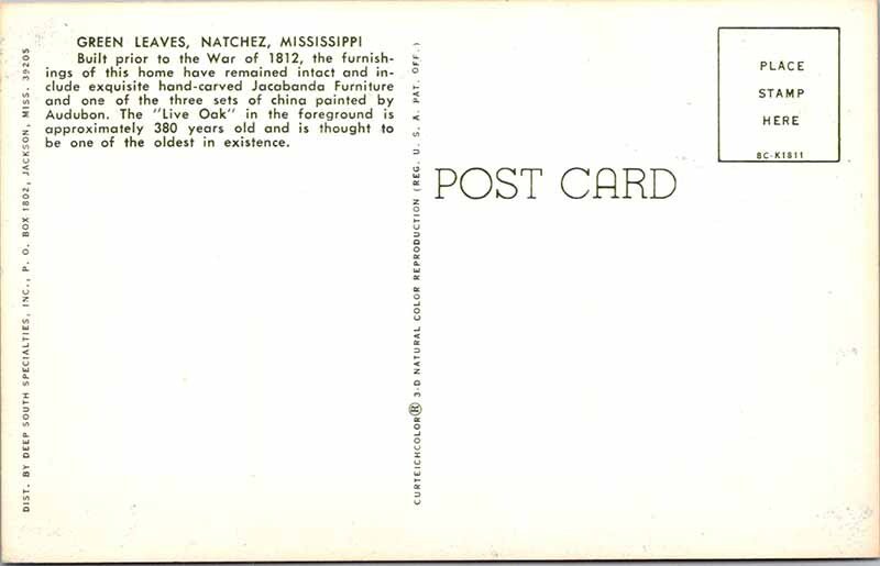 Postcard HOUSE SCENE Natchez Mississippi MS AO5680