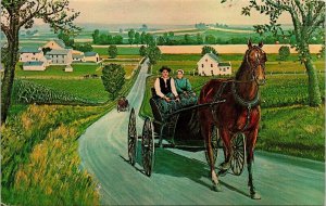 Amish Courting Carriage Horse Amishman Leola PA Pennsylvania Postcard VTG UNP 