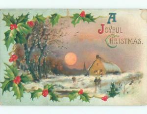 Pre-Linen christmas SUN SETTING ON WINTER SCENE WITH HOLLY k1695