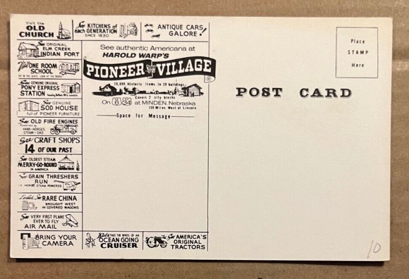 POSTCARD UNUSED - HAROLD WARP'S PIONEER VILLAGE, MINDEN, NEBRASKA - ADS ON BACK