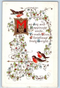 Christmas Postcard Song Birds Holly Berries Embossed Amesbury MA c1910's Antique