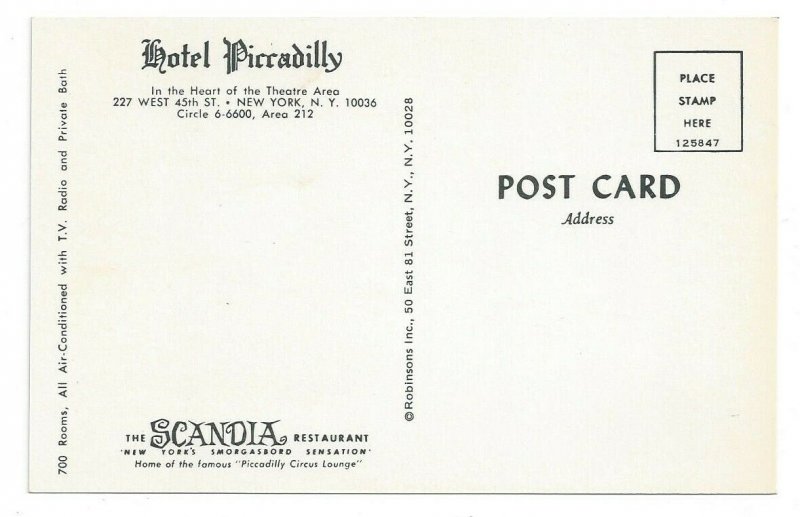 Hotel Piccadilly New York NY The Scandia Restaurant Standard View Postcard 