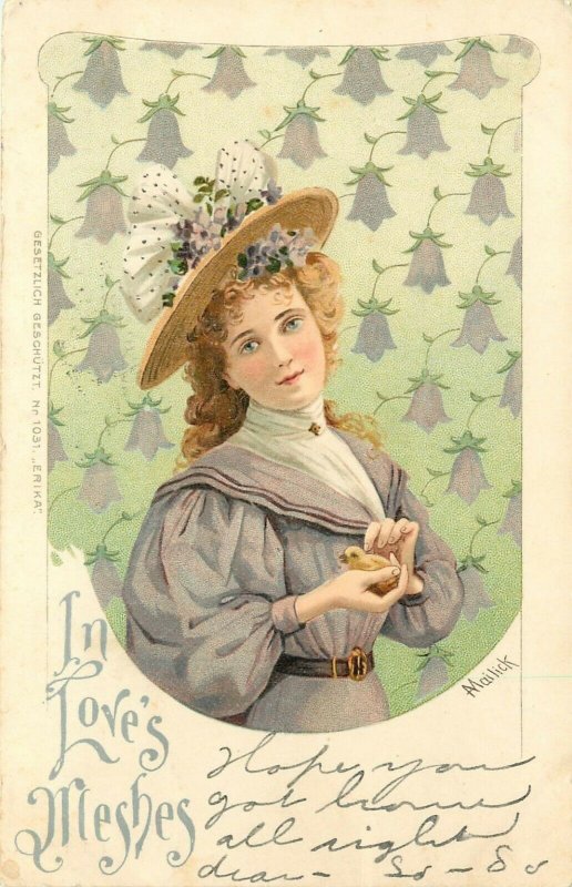 Vintage Art Postcard 1031 A/S Mailick Blue Eyed Blonde Girl, In Love's Meshes