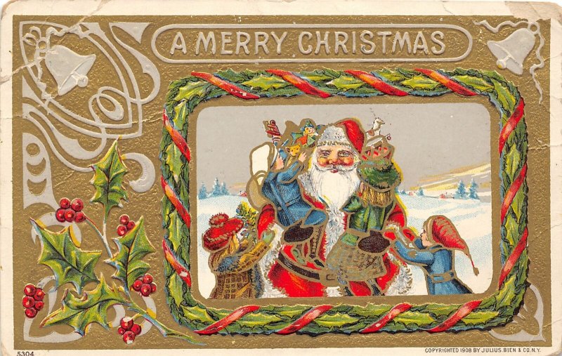 F94/ Santa Claus Merry Christmas Postcard c1910 Toys Kids Reading Pa 9