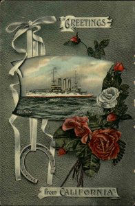 California Greetings Battleship USS Maine Rose Border c1910 Vintage Postcard