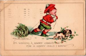 Ruth Siver Boy Dragging Small Christmas Tree, Puppy c1925 Vintage Postcard M17