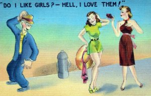 Do I Like Girls? - Hell I Love Them! Cartoon Linen Vintage Postcard