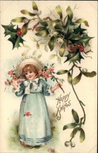 Christmas Pretty Little Girl with Flowers Mistletoe Border c1910 Postcard