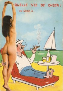 Pin Up Lady. Quelle vie de chien!  Humorous modern French postcard