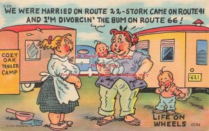 Curt Teich Linen Comic Postcard, We Were Married on Route 22, Divorcin' Route 66