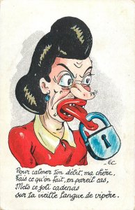 Drawn woman comic caricature viper tongue lock artist postcard France