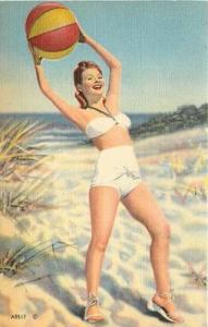 Bathing Beauty Throwing a Beach Ball Linen Postcard 1940s-