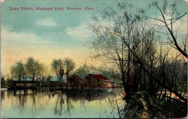 Wooster Ohio~Highland Park~Man on Rowboat on Lake Talbot~Log Cabins 1911 PC 