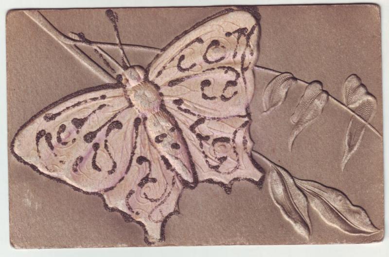 P191 JLs old postcard large butterfly deep embossed glitter