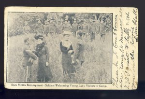 State Militia Encampment Postcard, Soldiers Welcoming Young Ladies To Camp,1905!