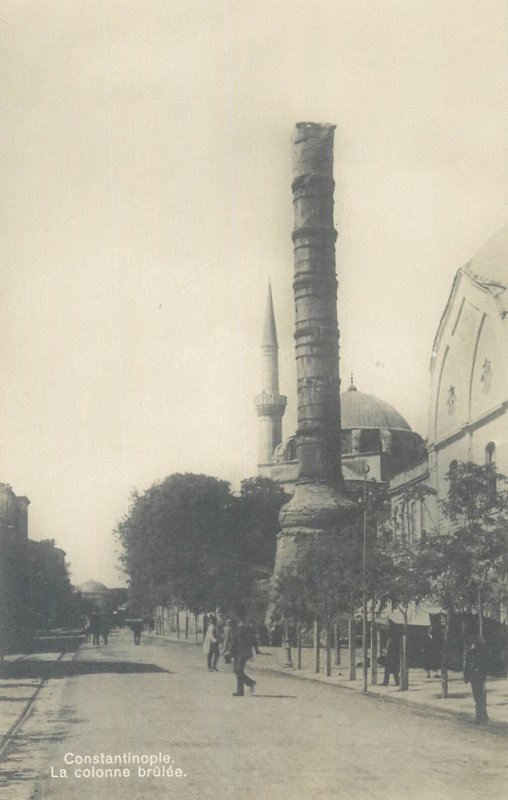 Turkey Constantinople Istanbul burnt column & mosque minaret photo postcard