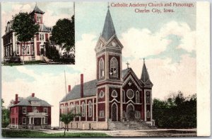 1909 Catholic Academy Church And Parsonage Charles City Iowa IA Posted Postcard