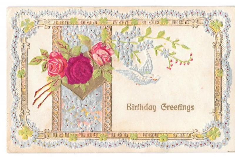 Birthday Greetings Red Silk Rose Dove Vintage Postcard