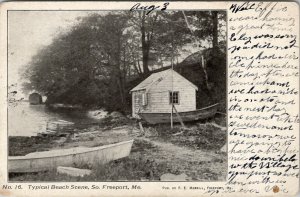 Freeport Maine Beach Scene Fisherman Shed Lobster Traps Boats c1908 Postcard U4