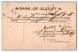 Elliott Iowa IA Red Oak IA Postal Card Bank of Elliott 1895 Antique Posted