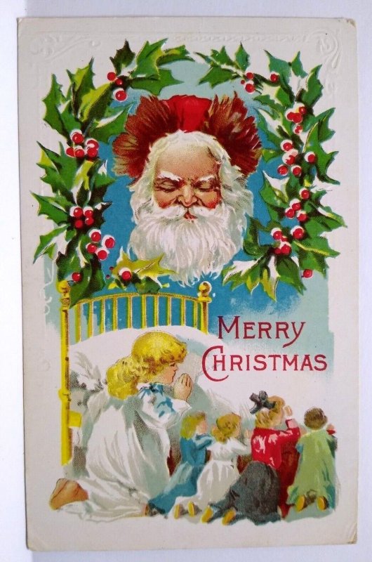 Santa Claus Postcard Christmas Saint Nick Looks Down At Children Praying Unused 