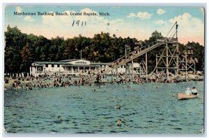 1917 Manhattan Bathing Beach Slide Crowd Canoe Grand Rapids Michigan MI Postcard