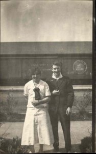 Dallas 1917 on Back Young Man Woman CHICAGO on Train Real Photo Postcard