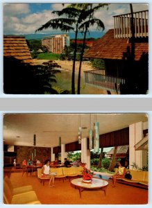 2 Postcards KALAPAKI BEACH, Hawaii HI ~ Lobby Interior KAUAI SURF HOTEL c1950s