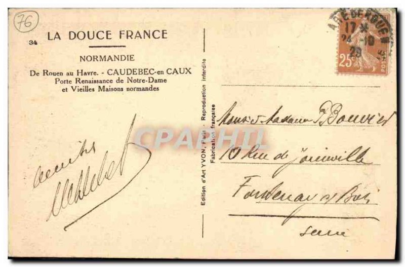 Old Postcard From Rouen to Havre Caudebec en Caux Renaissance door of Our Lad...