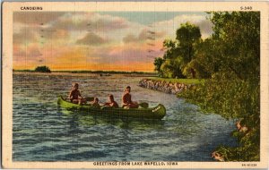 Canoeing, Greetings from Lake Wapello IA Vintage Linen Postcard C39