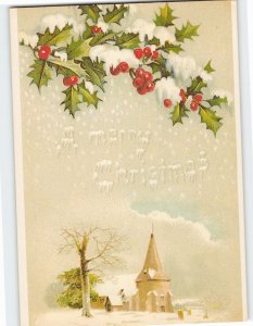 Postcard A merry Christmas with Hollies Snow Art Print