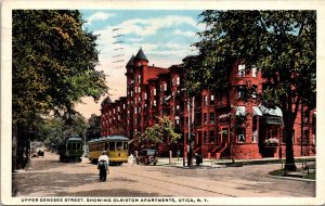 Postcard NY Utica Upper Genesee Street Olbiston Apartments Streetcars 1917 V129