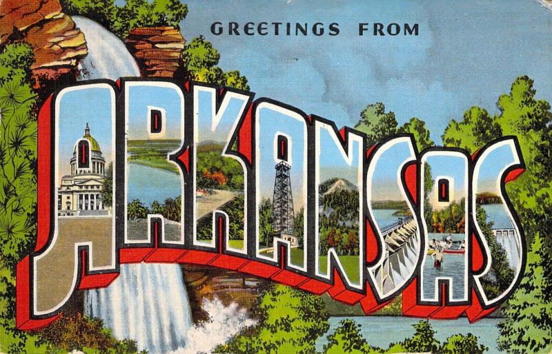 Linen Era,Large Letter, Greetings From Arkansas, Waterfall, Old Postcard 