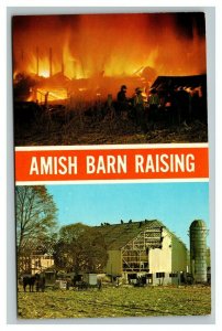 Vintage 1960's Postcard Amish Barn Raising in Ohio Dutch Country