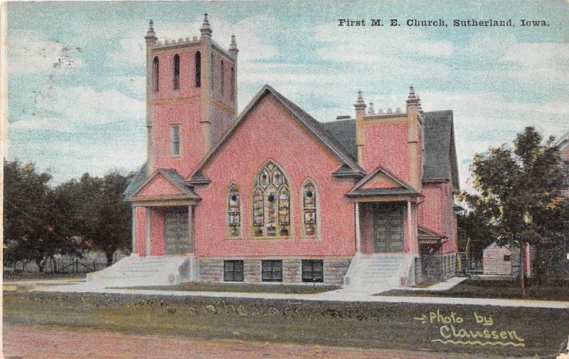 A66/ Sutherland Iowa Ia Postcard 1910 First M.E. Church Building