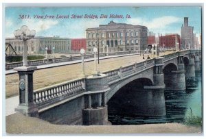 1913 View From Locust Street Bridge Lamp Post River Des Moines Iowa IA Postcard