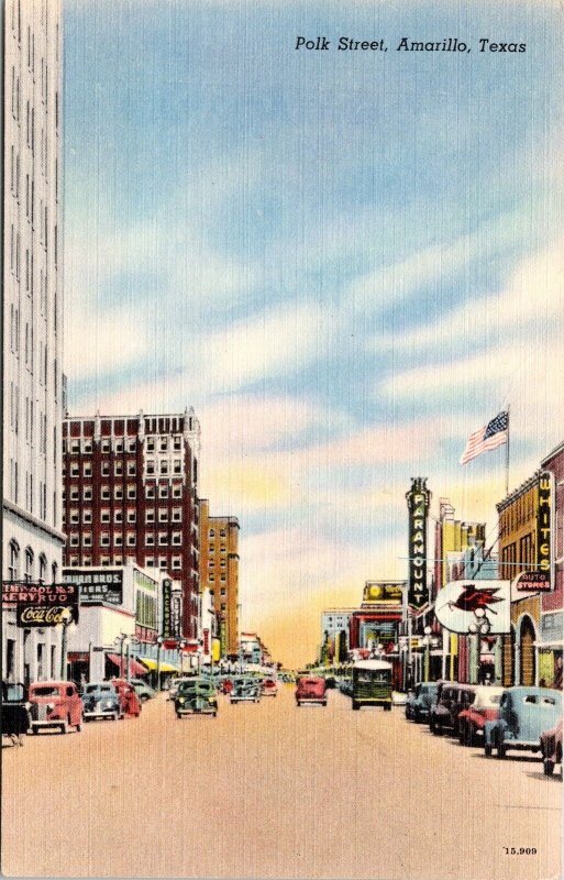 Polk Street Downtown Streetview Amarillo Texas Old Cars Linen Postcard 