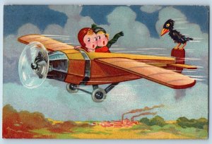 c1910's Postcard Childrens Riding Airplane Bird Scene c1910's Posted Antique