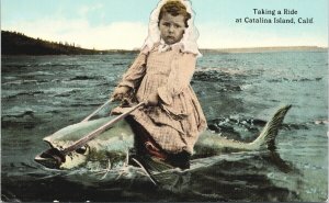 Catalina Island CA Girl Riding Huge Fish Postcard F60