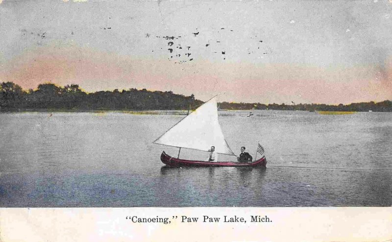 Canoe with Sail Paw Paw Lake Michigan 1908 postcard