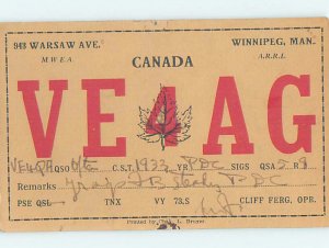 1930s QSL RADIO CARD Winnipeg Manitoba MB AH3267