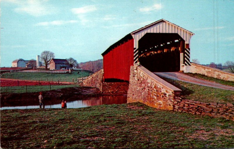 Pennsylvania Dutch Land Bower's Covered Bridge With Amish Farm In Backgr...