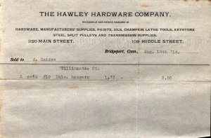 1914  Bridgeport  Connecticut  The Hawley Hardware Co.  Receipt  8 x 5