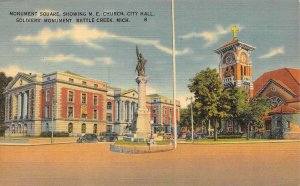 BATTLE CREEK, Michigan MI ~ MONUMENT SQUARE Civil War Statue~City Hall  Postcard