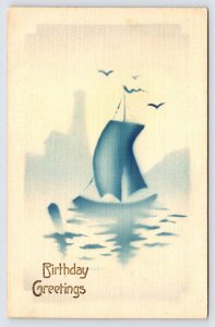 Birthday Greetings, Air Brush Sailboat with City in Background c1939 Postcard P4