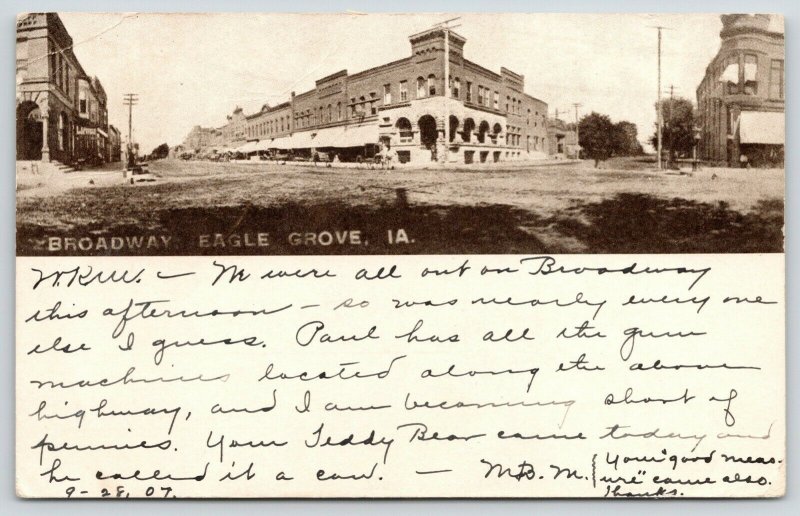 Eagle Grove IA~Panorama of Broadway~Bank~Vw of 3 Corners~Dirt Intersection~c1907 