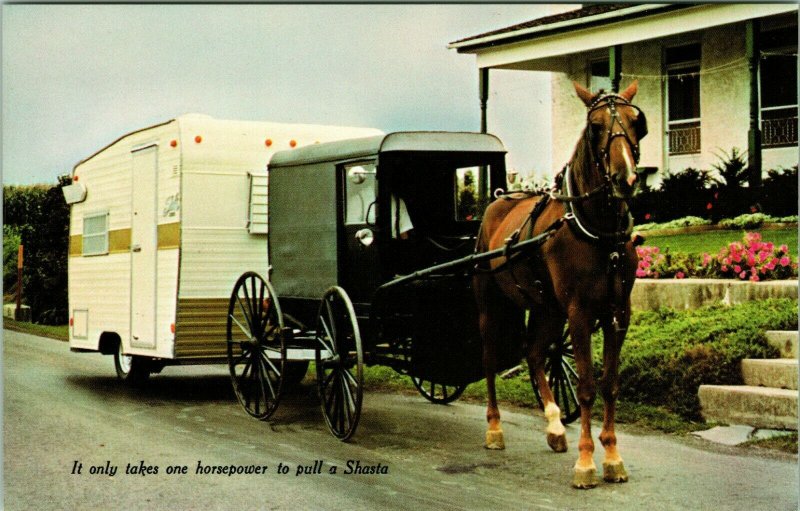 Advertising Shasta Industries Travel Trailer Horse Buggy UNP Vtg Chrome Postcard