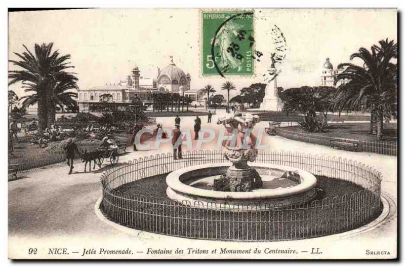 Old Postcard Nice Jetee Promenade Tritons Fountain and Monument Centennial